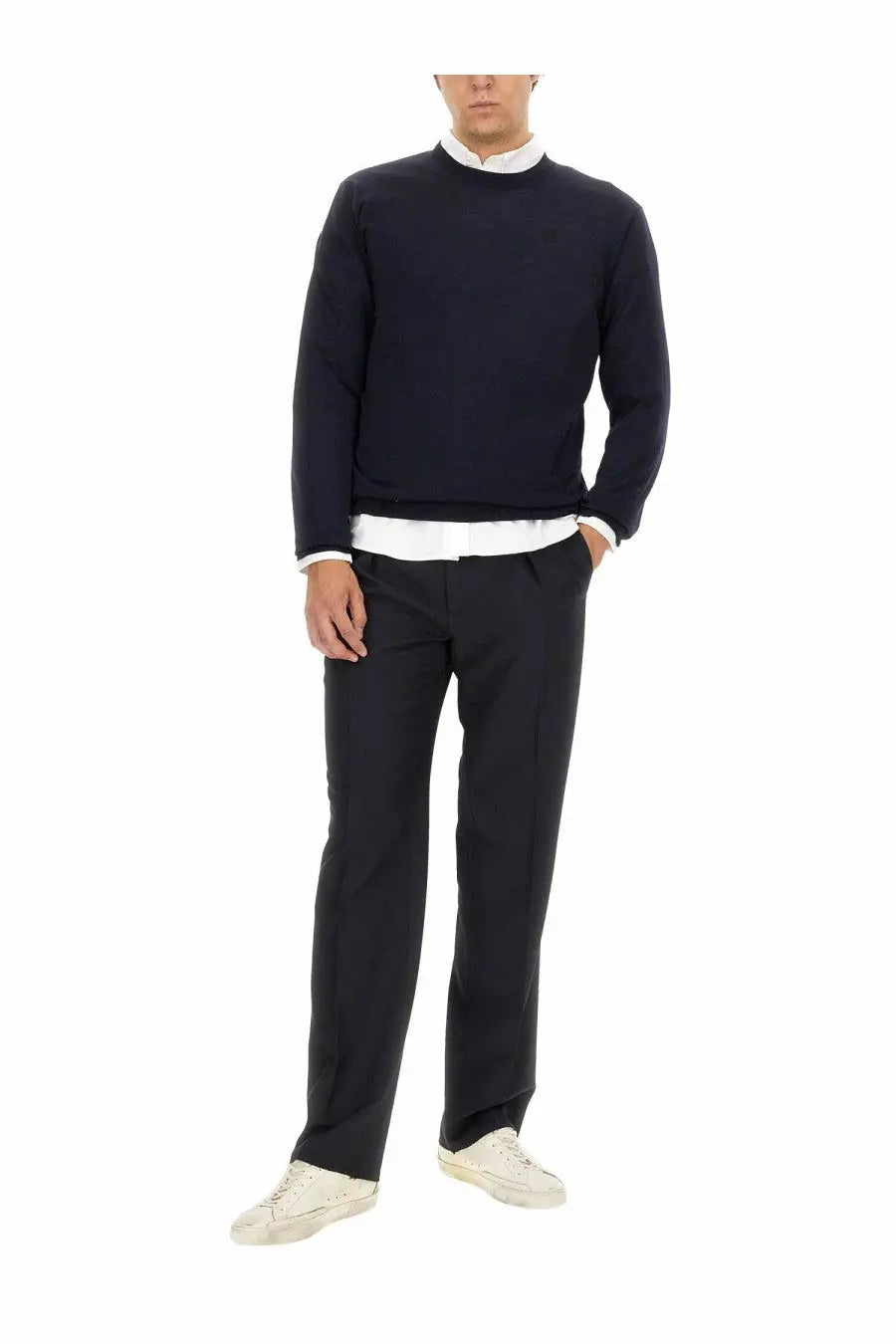 Golden Goose men’s navy blue wool jersey crewneck sweater with white collar and cuffs