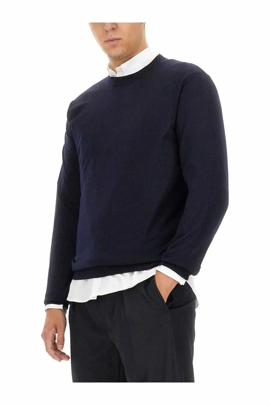 Golden Goose men’s navy blue wool jersey sweater with white shirt collar and cuffs visible in long sleeve crew neck design