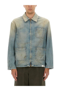Golden Goose men’s work journey ms mackenzie jacket blue faded denim with distressed finish and three front pockets