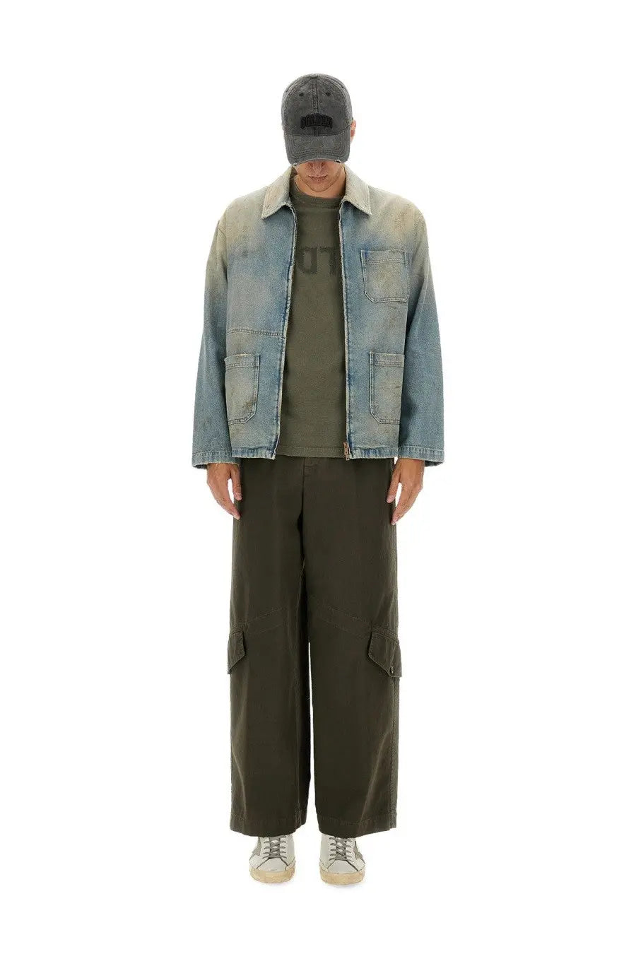 Golden Goose men’s faded blue denim jacket with distressed finish and two front pockets work journey style
