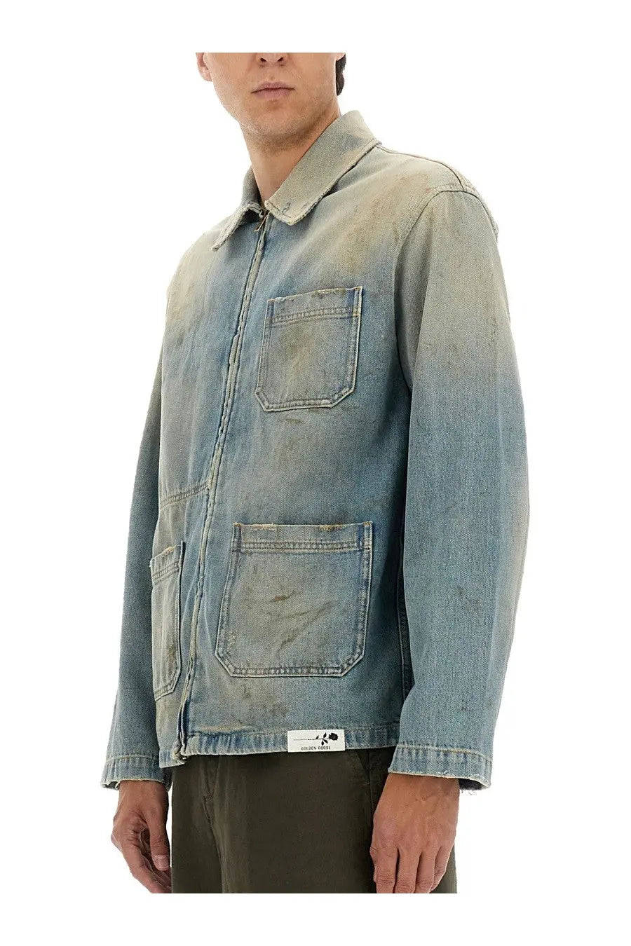Golden goose men’s work journey ms mackenzie jacket blue faded denim with distressed finish and multiple pockets
