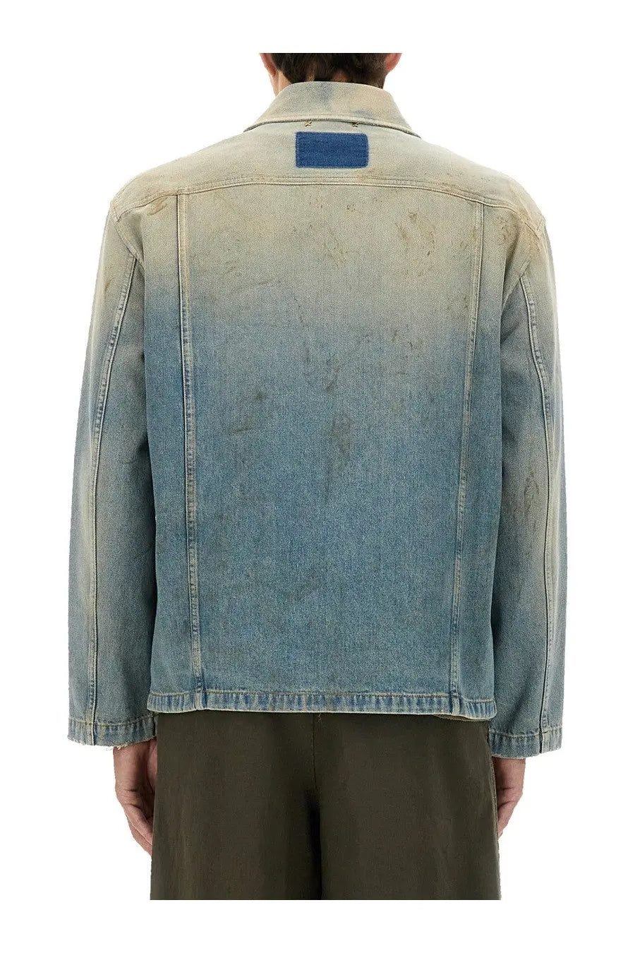 Golden Goose men’s washed denim work journey ms mackenzie jacket blue with a faded gradient and dark collar patch