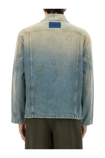 Golden Goose men’s washed denim work journey ms mackenzie jacket blue with a faded gradient and dark collar patch