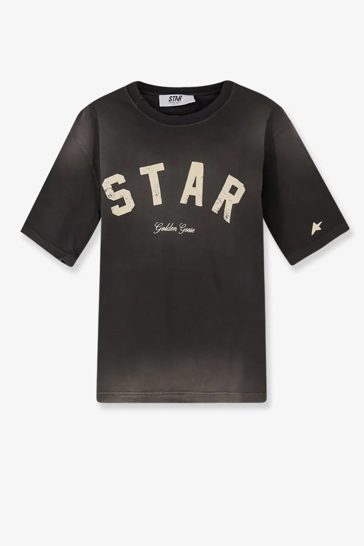Black short-sleeved Golden Goose unisex cotton shirt with distressed cream star graphic and star emblem on sleeve