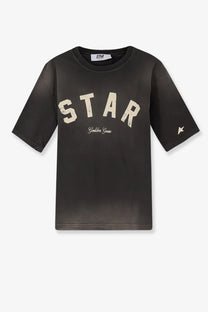 Black short-sleeved Golden Goose unisex cotton shirt with distressed cream star graphic and star emblem on sleeve