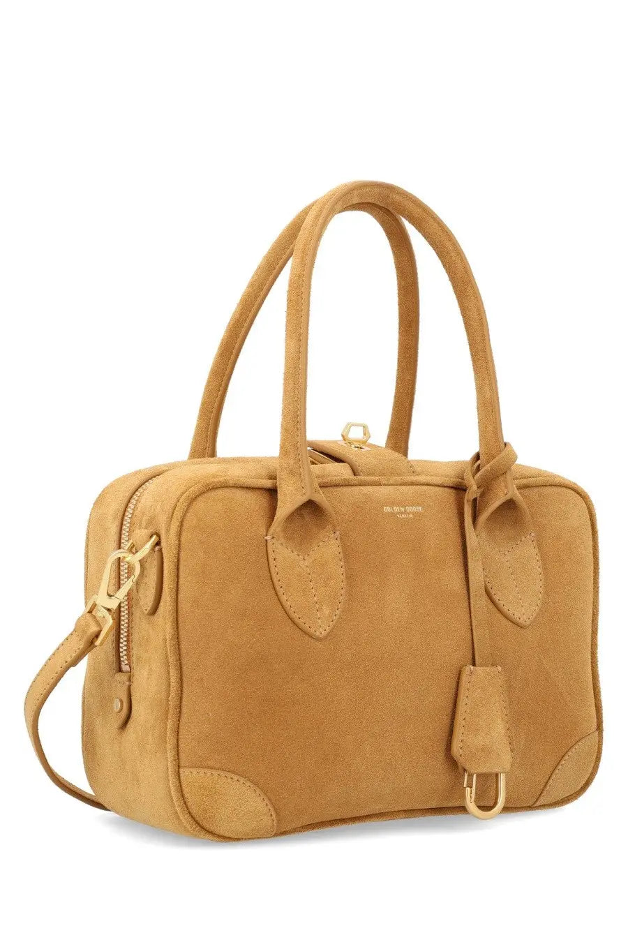 Golden goose women’s tan suede handbag life beige with gold-tone hardware and detachable shoulder strap