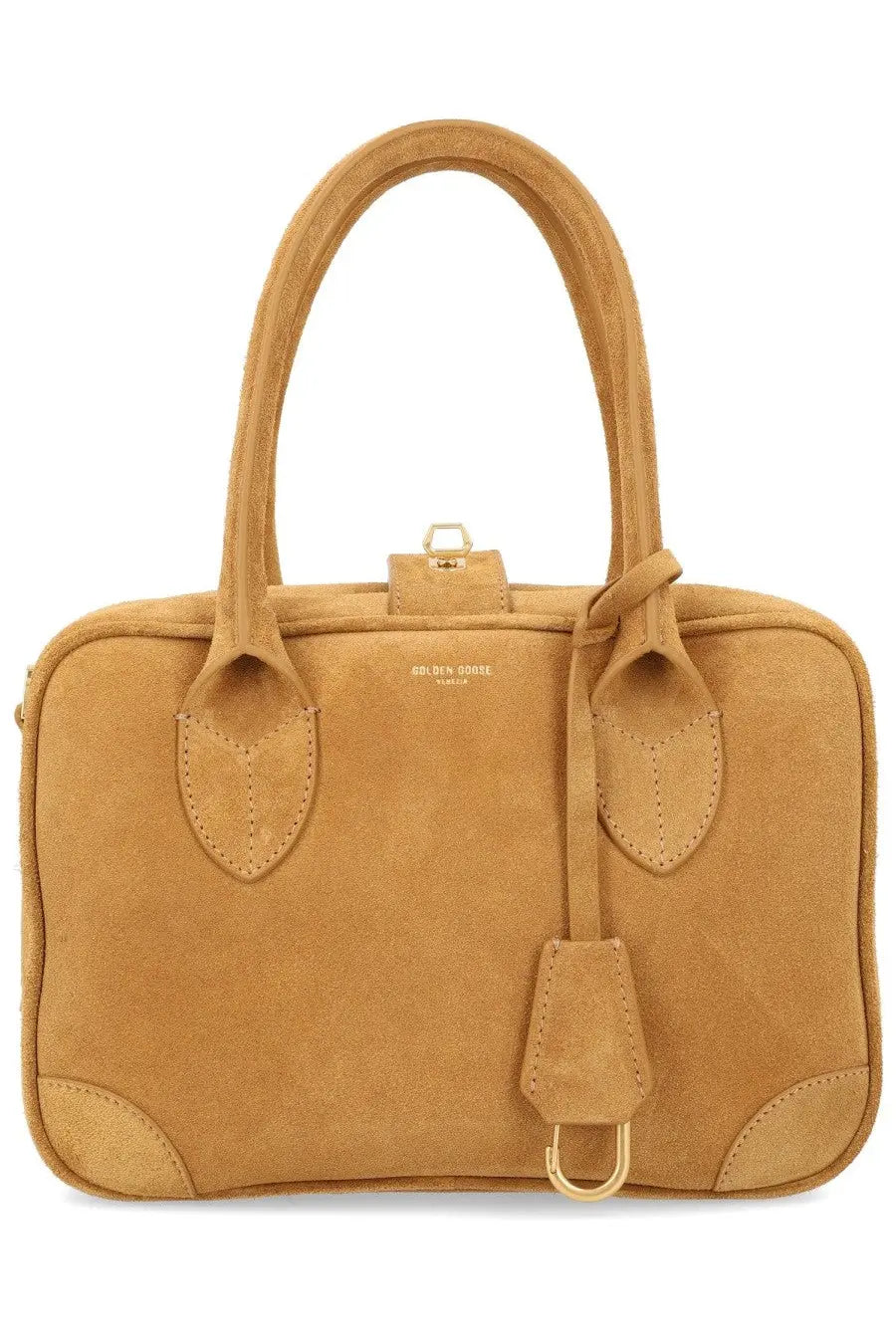 Golden goose women’s bag life beige tan suede handbag with gold-tone hardware and front flap closure