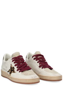 Golden Goose women’s Ball Star sneaker in cream suede with maroon laces and leopard-print star emblem multicolor