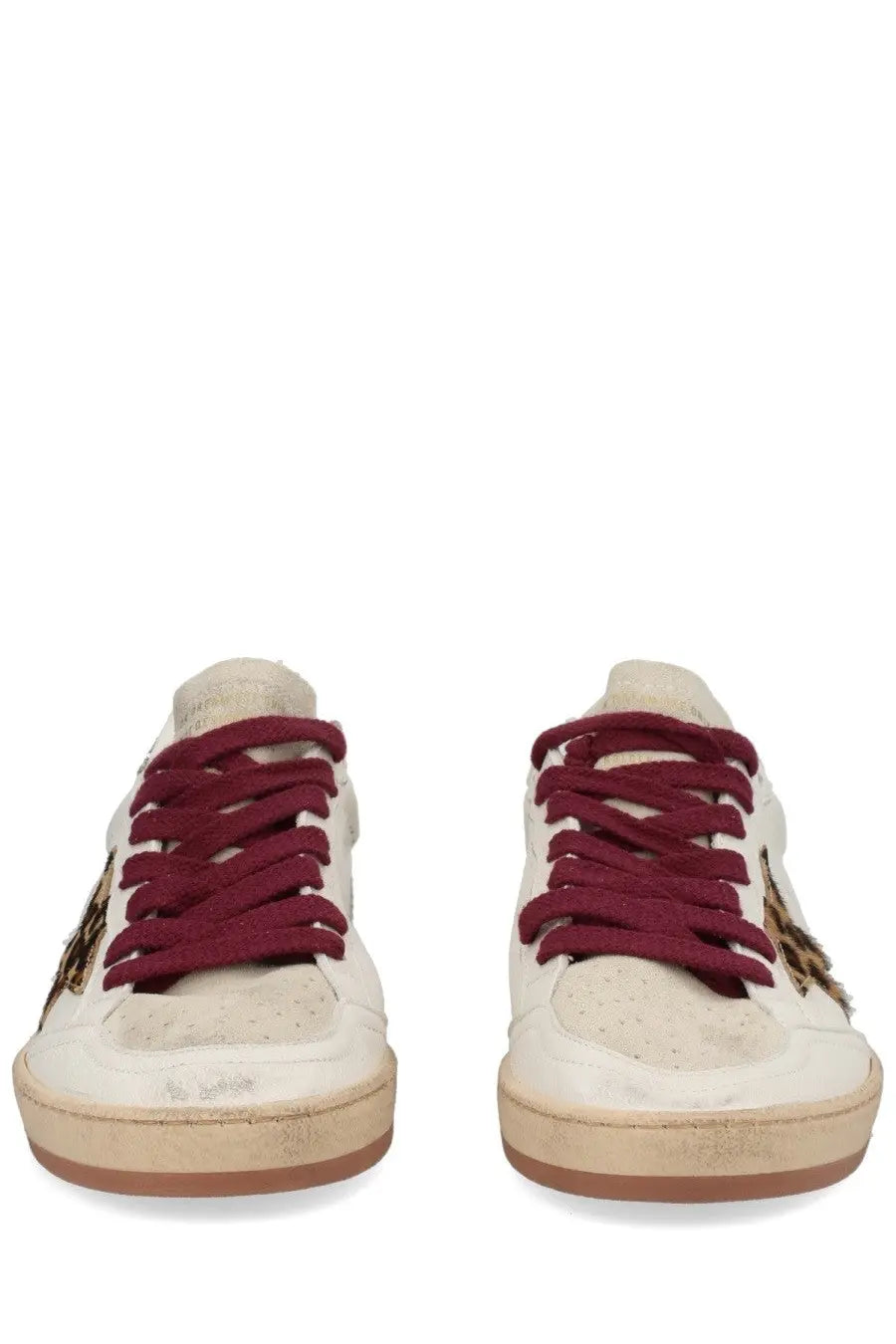 Golden Goose women’s ball star sneaker in white distressed leather with burgundy laces and leopard print accents