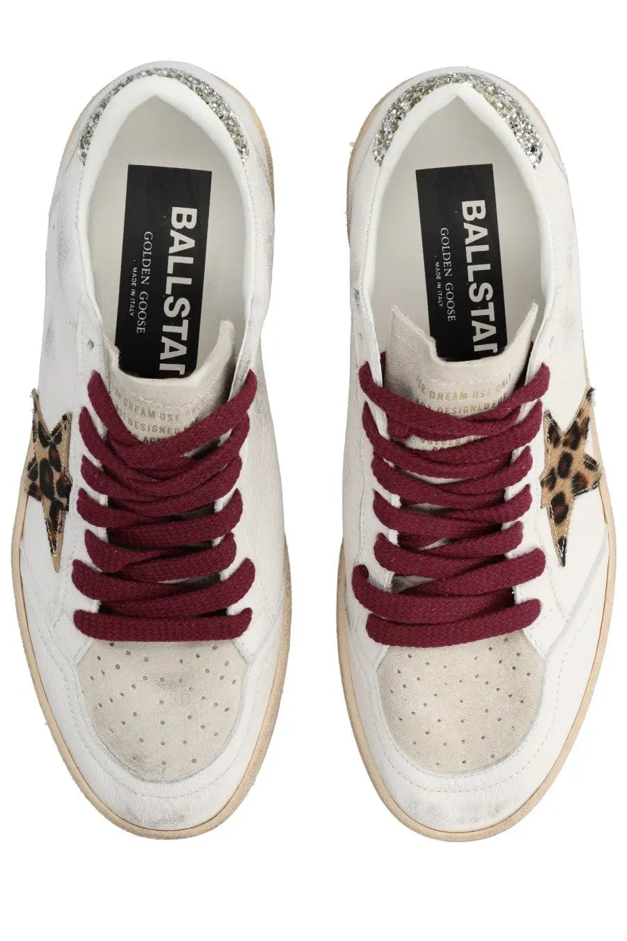 Golden Goose women’s ball star sneaker in white leather with maroon laces leopard star and gold glitter heel trim