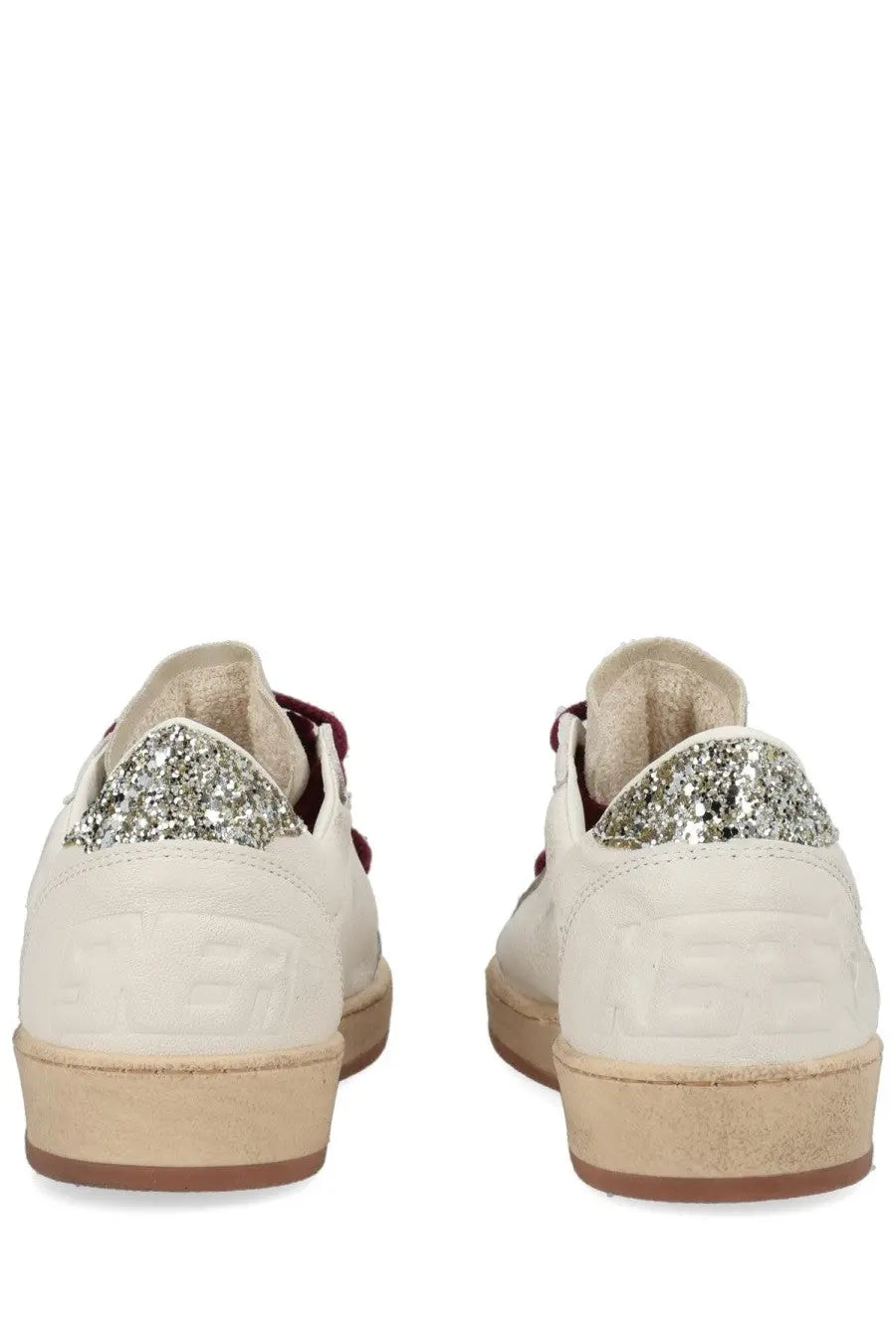 Golden goose women’s ball star sneaker white leather with glittery silver heel accents and burgundy laces