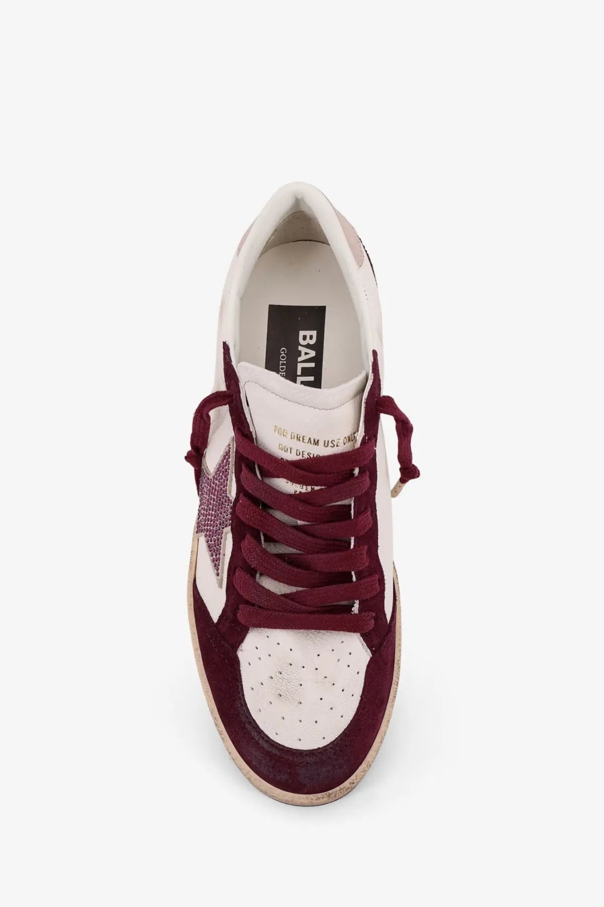 Golden Goose women’s ballstar leather sneaker in maroon and white suede with a glittery star detail on the side