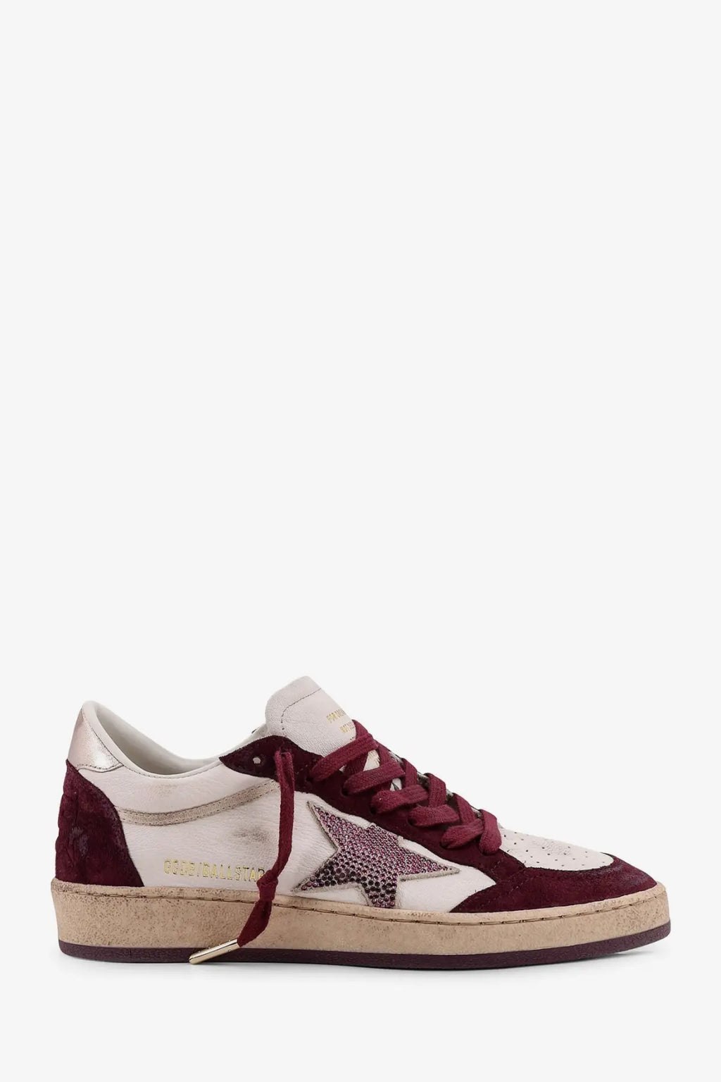 Golden Goose women’s Ballstar leather sneakers white maroon suede low-top with textured star patch on side