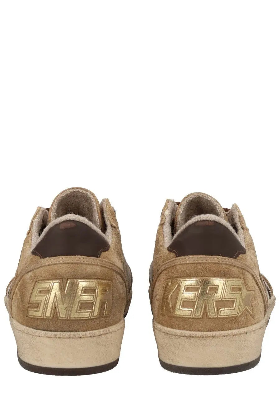 Gold-tone suede golden goose women’s ballstar sneaker beige showing embossed sneakers branding on the heel back side