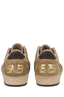Gold-tone suede golden goose women’s ballstar sneaker beige showing embossed sneakers branding on the heel back side