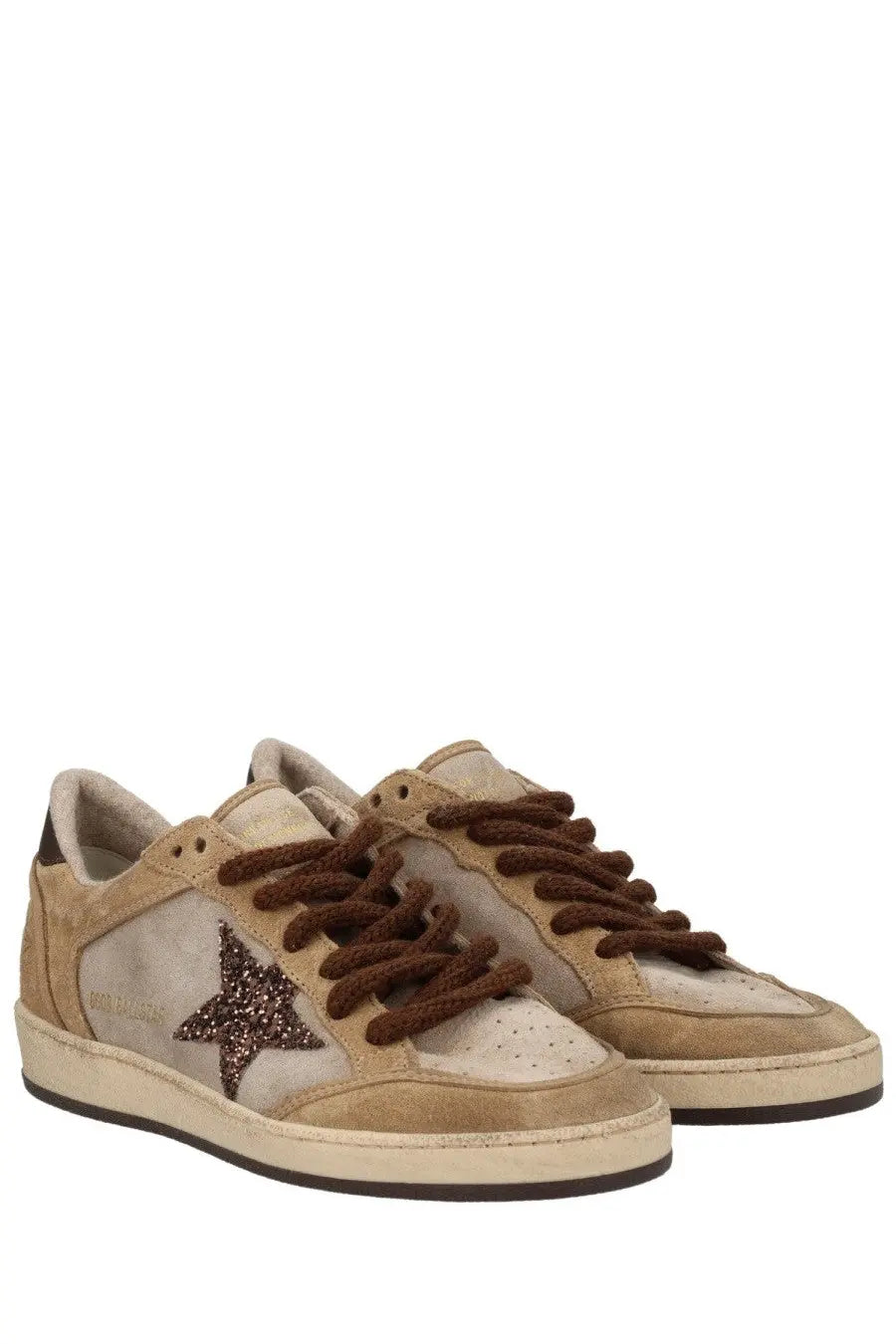 Golden Goose women’s Ballstar sneaker in beige suede with a glittering brown star and matching brown laces