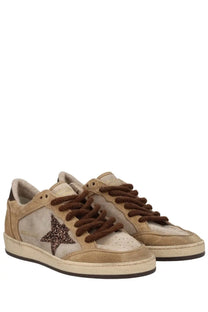 Golden Goose women’s Ballstar sneaker in beige suede with a glittering brown star and matching brown laces