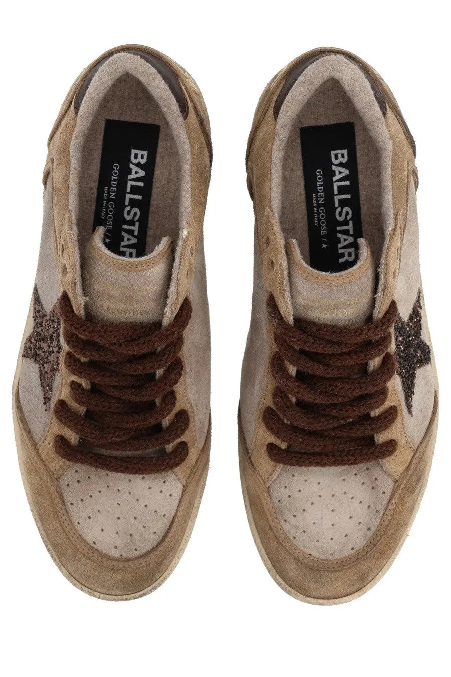 Golden Goose Women’s Ballstar beige suede sneakers with brown laces and black star patch in distressed vintage style