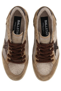 Golden Goose Women’s Ballstar beige suede sneakers with brown laces and black star patch in distressed vintage style