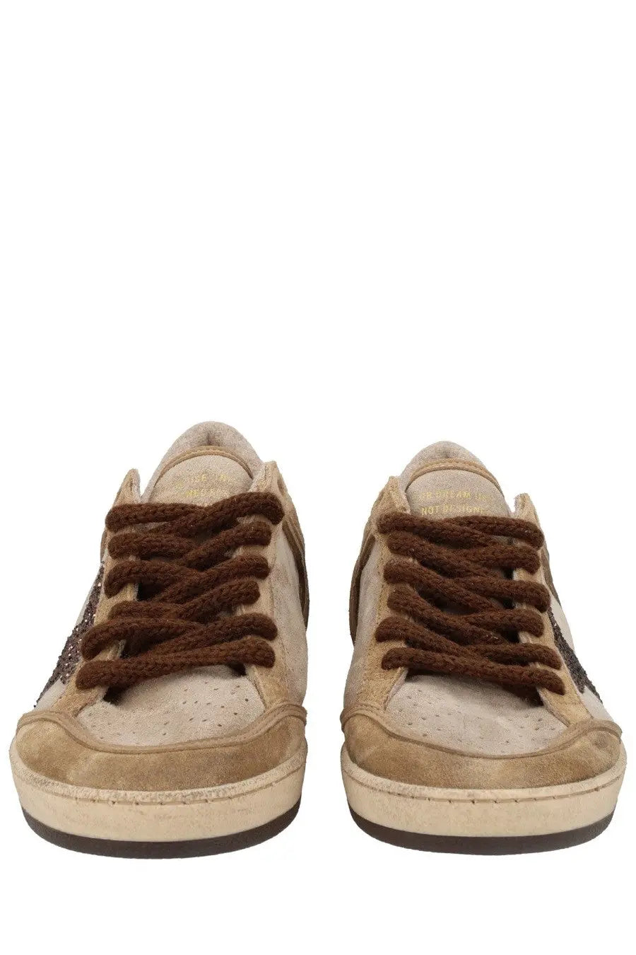 Golden Goose women’s Ballstar sneaker beige suede with brown laces and glitter star accents on the sides