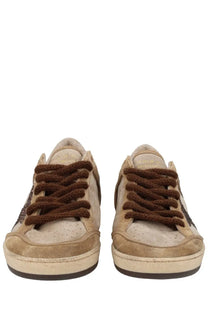 Golden Goose women’s Ballstar sneaker beige suede with brown laces and glitter star accents on the sides