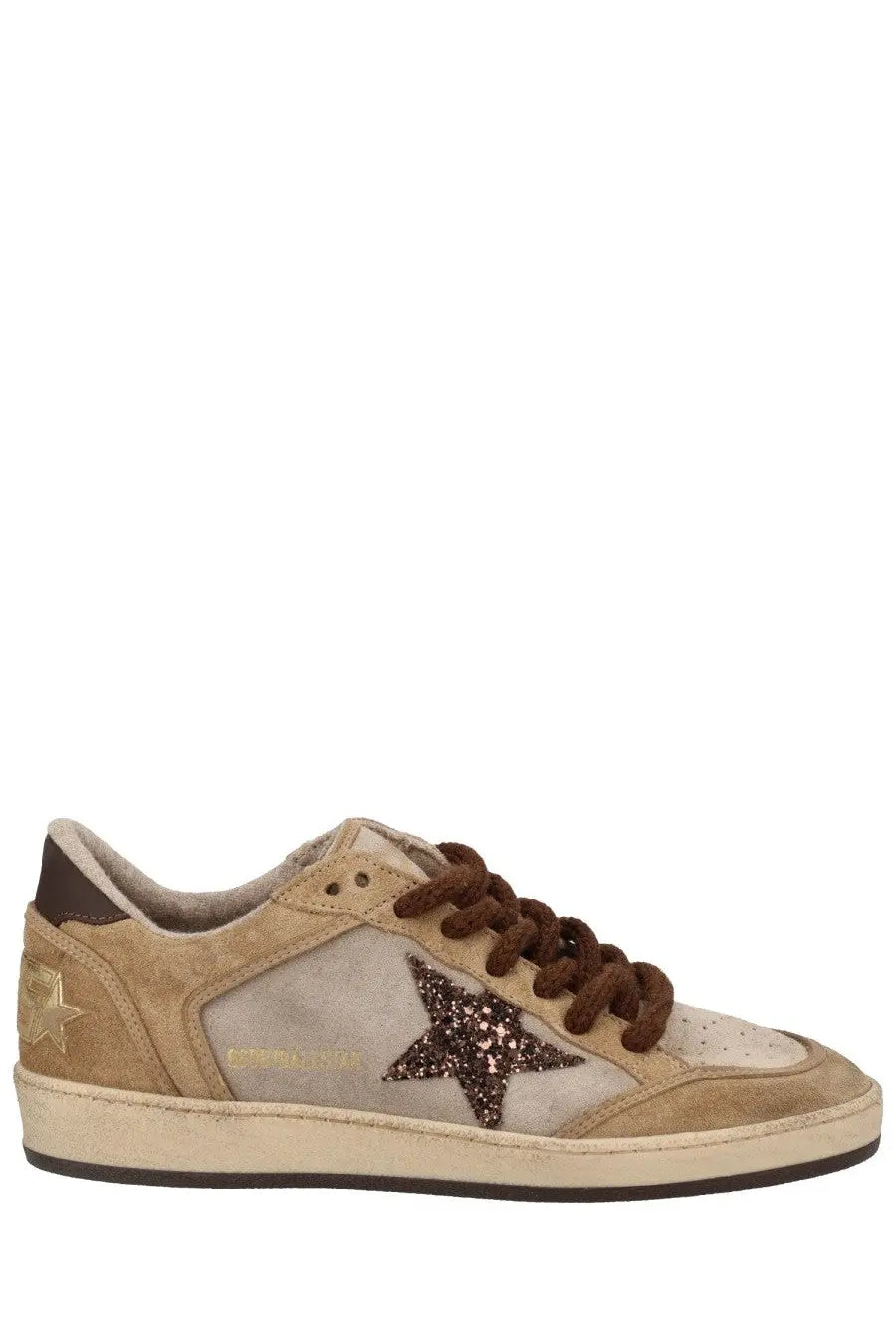 Golden Goose women’s Ballstar sneaker beige tan suede low-top with glittering brown star and matching brown laces