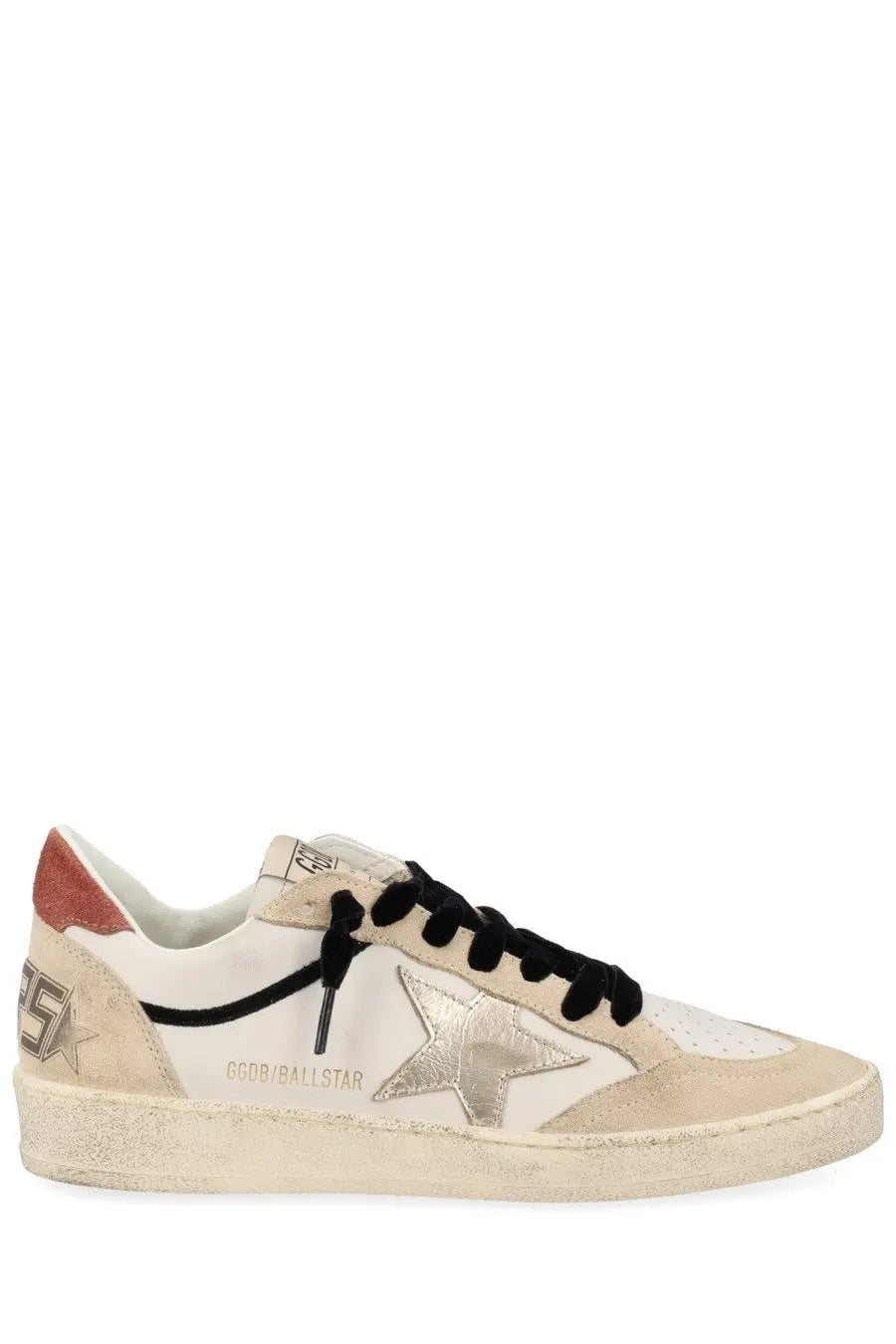Golden Goose women’s Ballstar sneaker in beige suede and leather with metallic silver star patch and rust heel tab