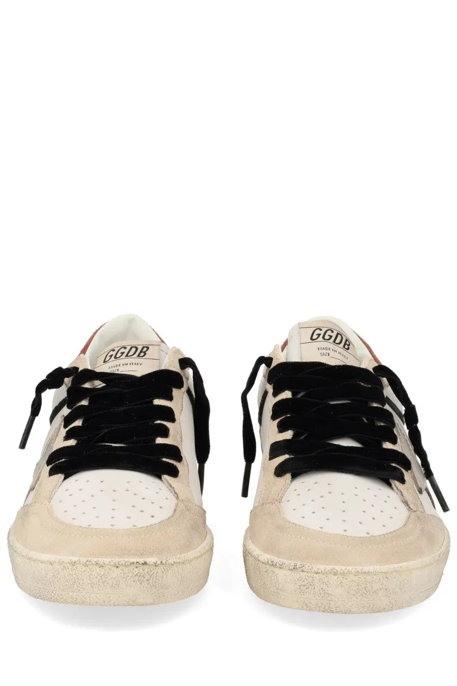 Golden Goose women’s ballstar sneaker in beige and white distressed leather with perforated toe box and ggdb logo