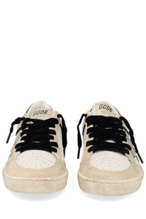 Golden Goose women’s ballstar sneaker in beige and white distressed leather with perforated toe box and ggdb logo