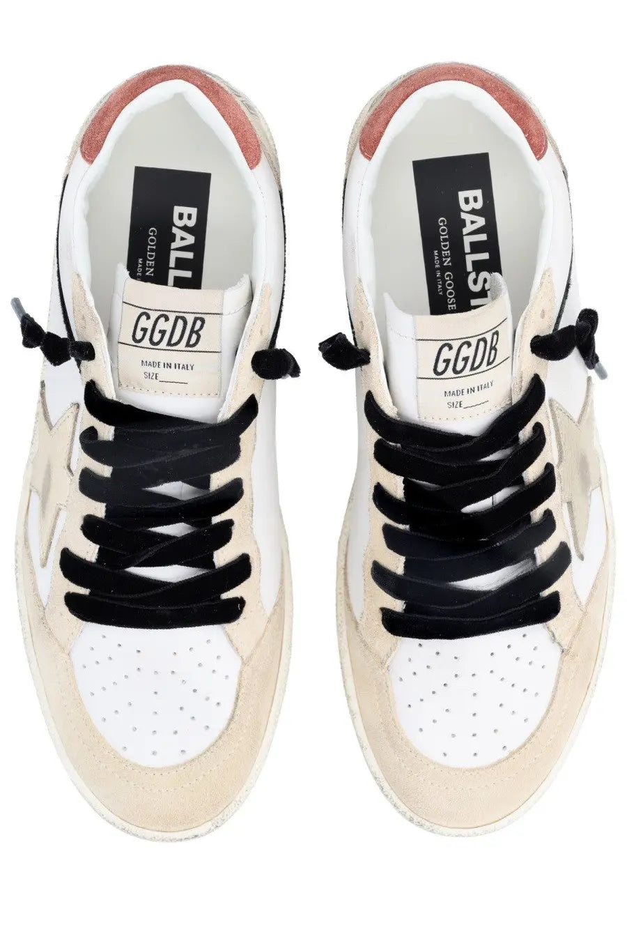 Golden Goose women’s ballstar sneaker in white and beige with black laces and a distressed leather finish