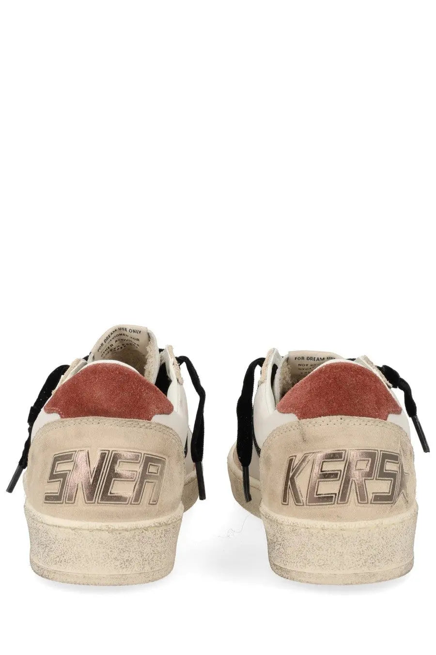Golden Goose women’s Ballstar white suede sneakers with black laces rust-colored heel tab and distressed metallic logo