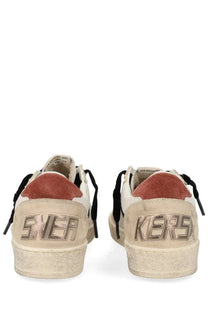 Golden Goose women’s Ballstar white suede sneakers with black laces rust-colored heel tab and distressed metallic logo