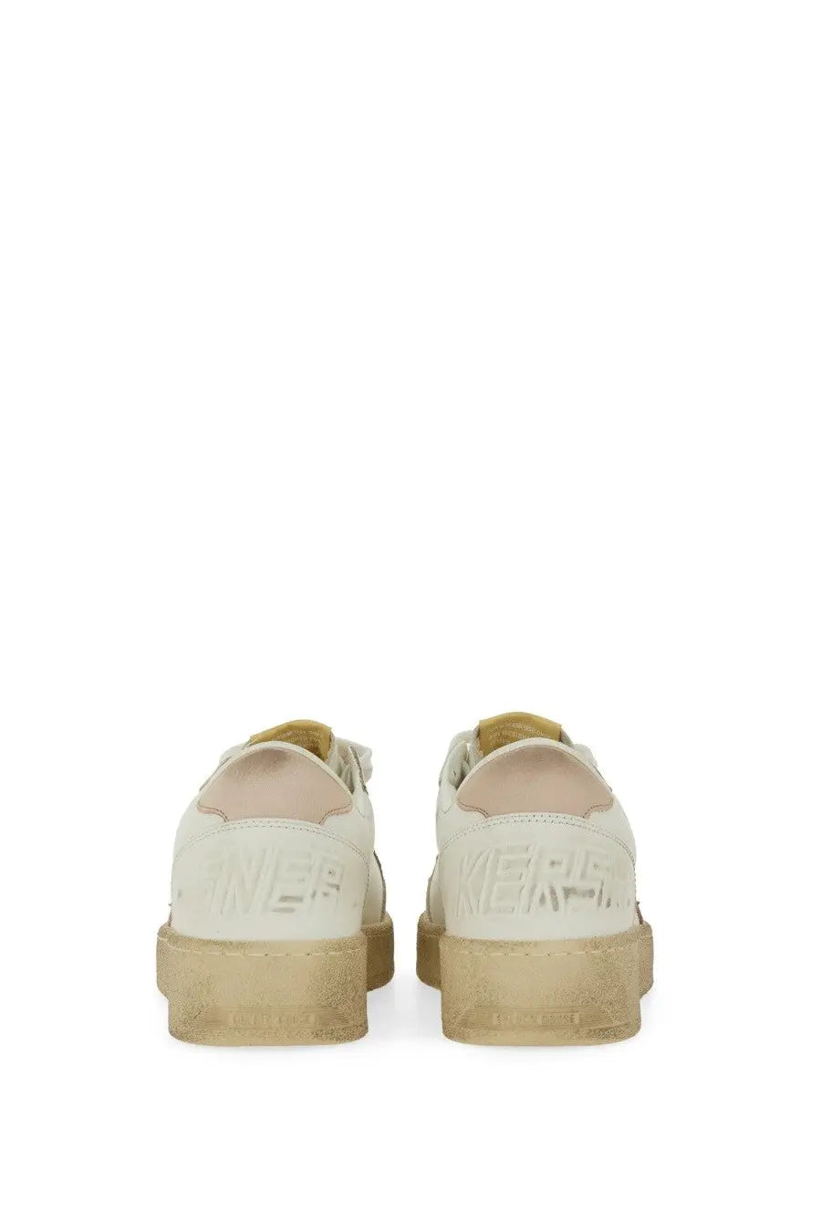 Back view of golden goose women’s ballstar cream leather sneakers with distressed vintage design and embossed heel branding