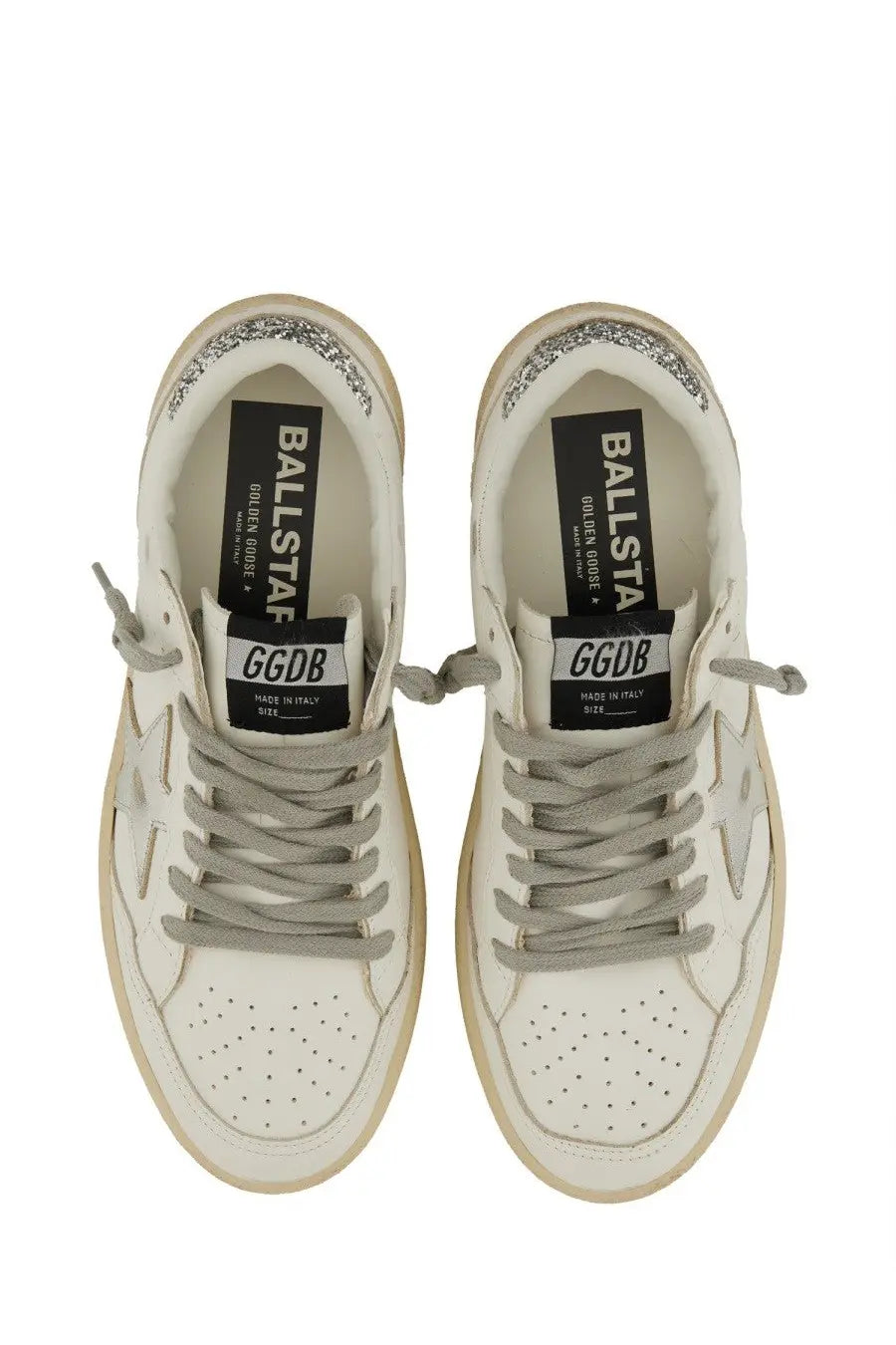 Golden Goose women’s ballstar sneaker white leather with gray laces and glittery silver heel accents back view