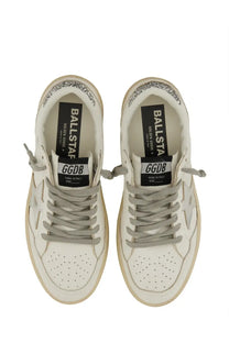 Golden Goose women’s ballstar sneaker white leather with gray laces and glittery silver heel accents back view