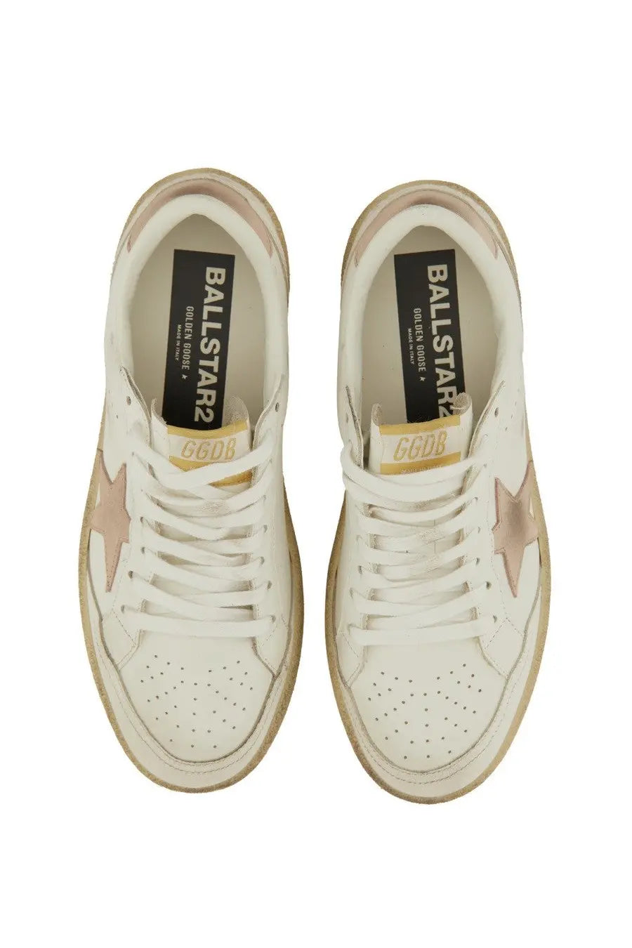 Golden Goose women’s ballstar sneaker in white leather with rose gold star accents and distressed rubber soles