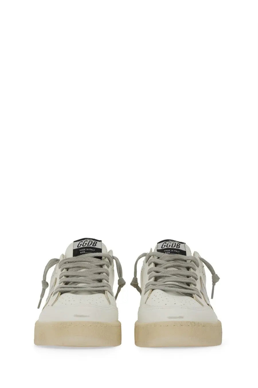 Golden Goose women’s Ballstar sneaker white leather low-top with gray laces beige sole and golden goose logo on the tongue