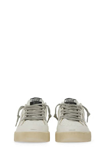 Golden Goose women’s Ballstar sneaker white leather low-top with gray laces beige sole and golden goose logo on the tongue