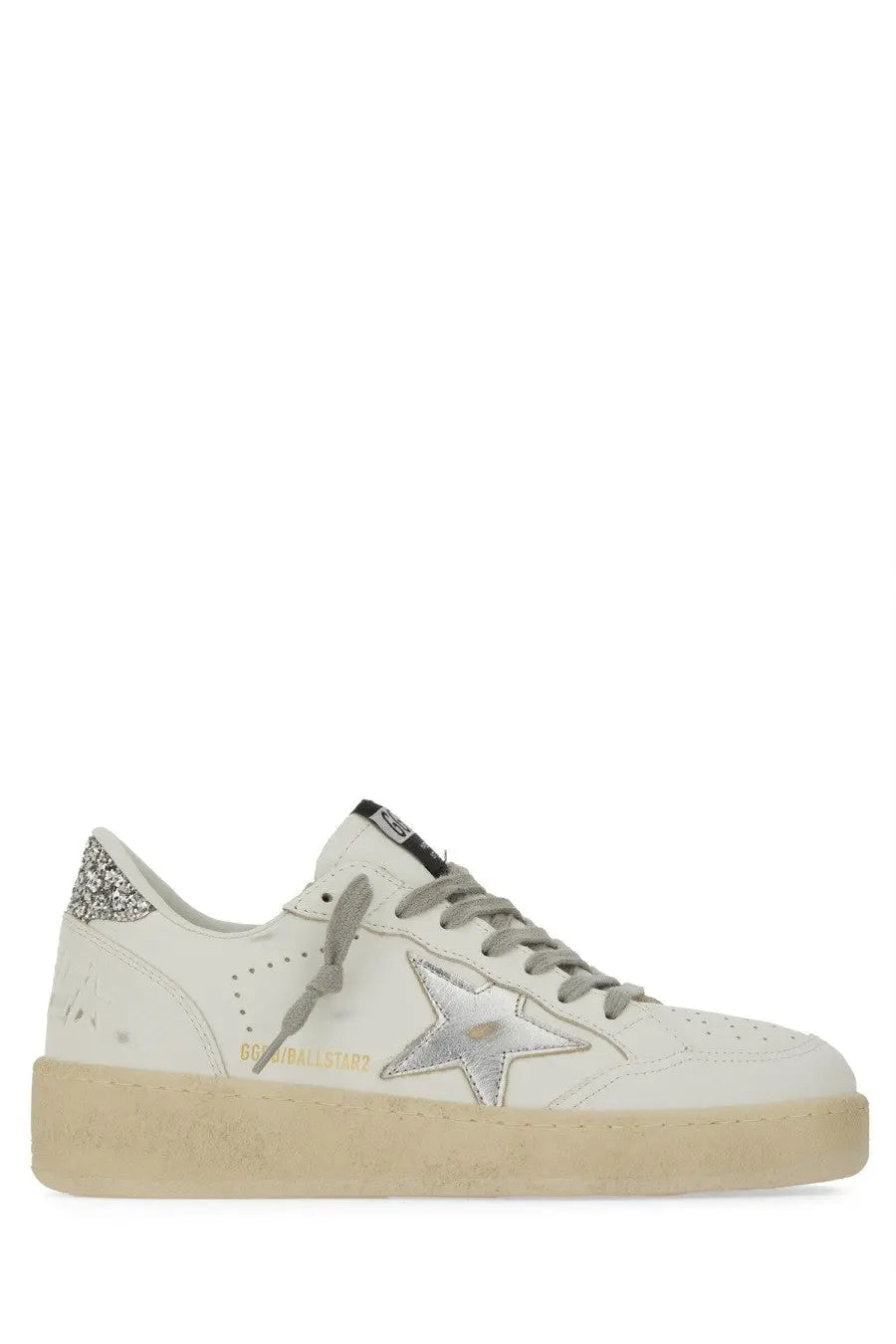 Golden Goose women’s Ballstar sneaker white leather with silver star emblem glittery heel tab and beige rubber sole