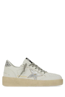 Golden Goose women’s Ballstar sneaker white leather with silver star emblem glittery heel tab and beige rubber sole