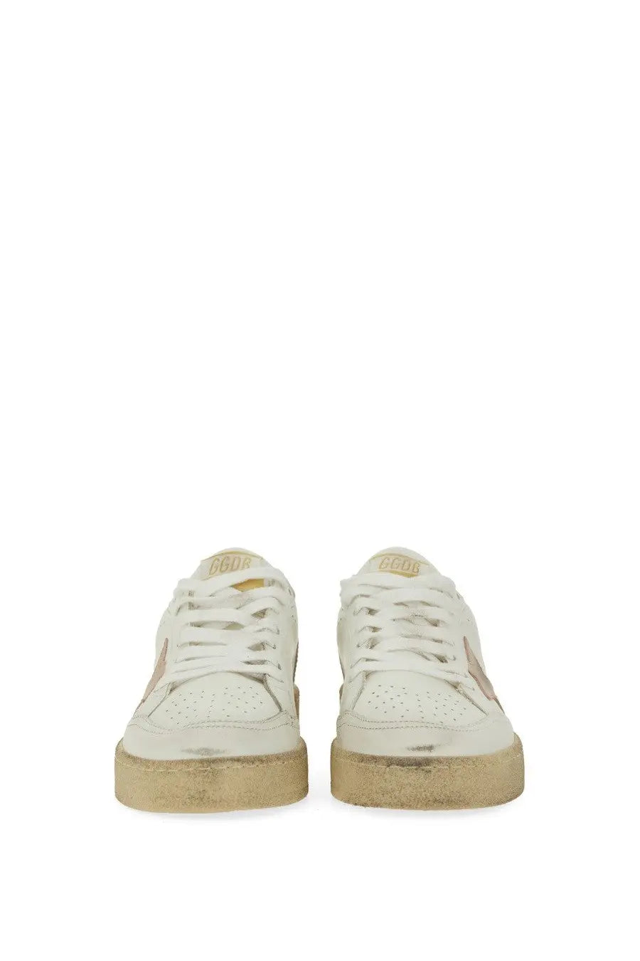 Golden Goose women’s ballstar white leather sneakers with gold-tone accents and distressed rubber soles