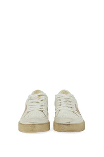Golden Goose women’s ballstar white leather sneakers with gold-tone accents and distressed rubber soles