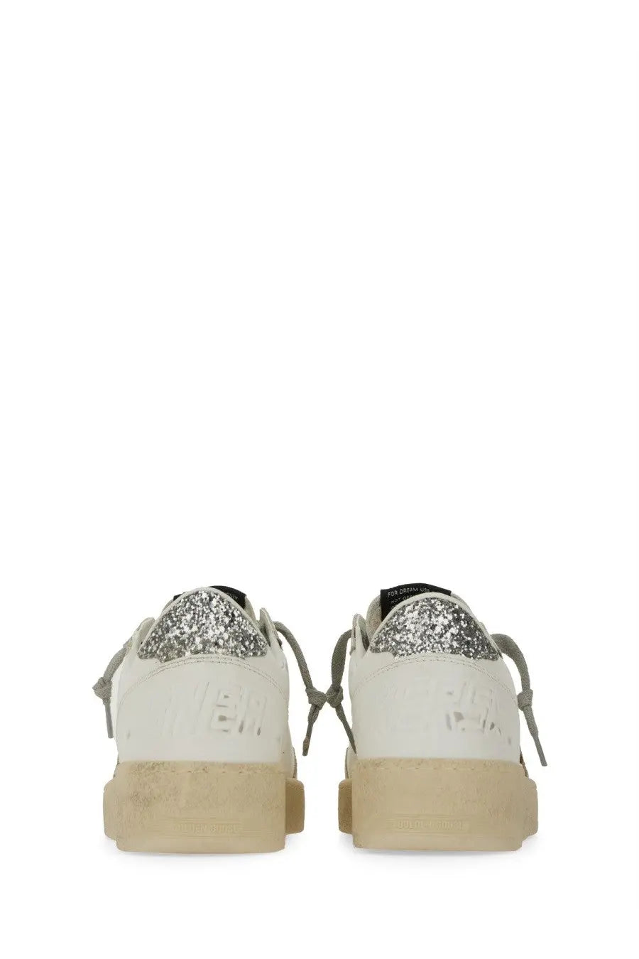Golden goose women’s ballstar sneaker white leather with glittery silver heel accents and beige rubber sole back view