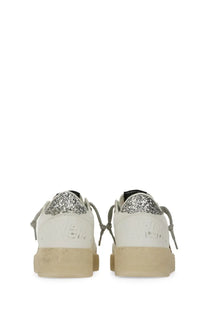 Golden goose women’s ballstar sneaker white leather with glittery silver heel accents and beige rubber sole back view