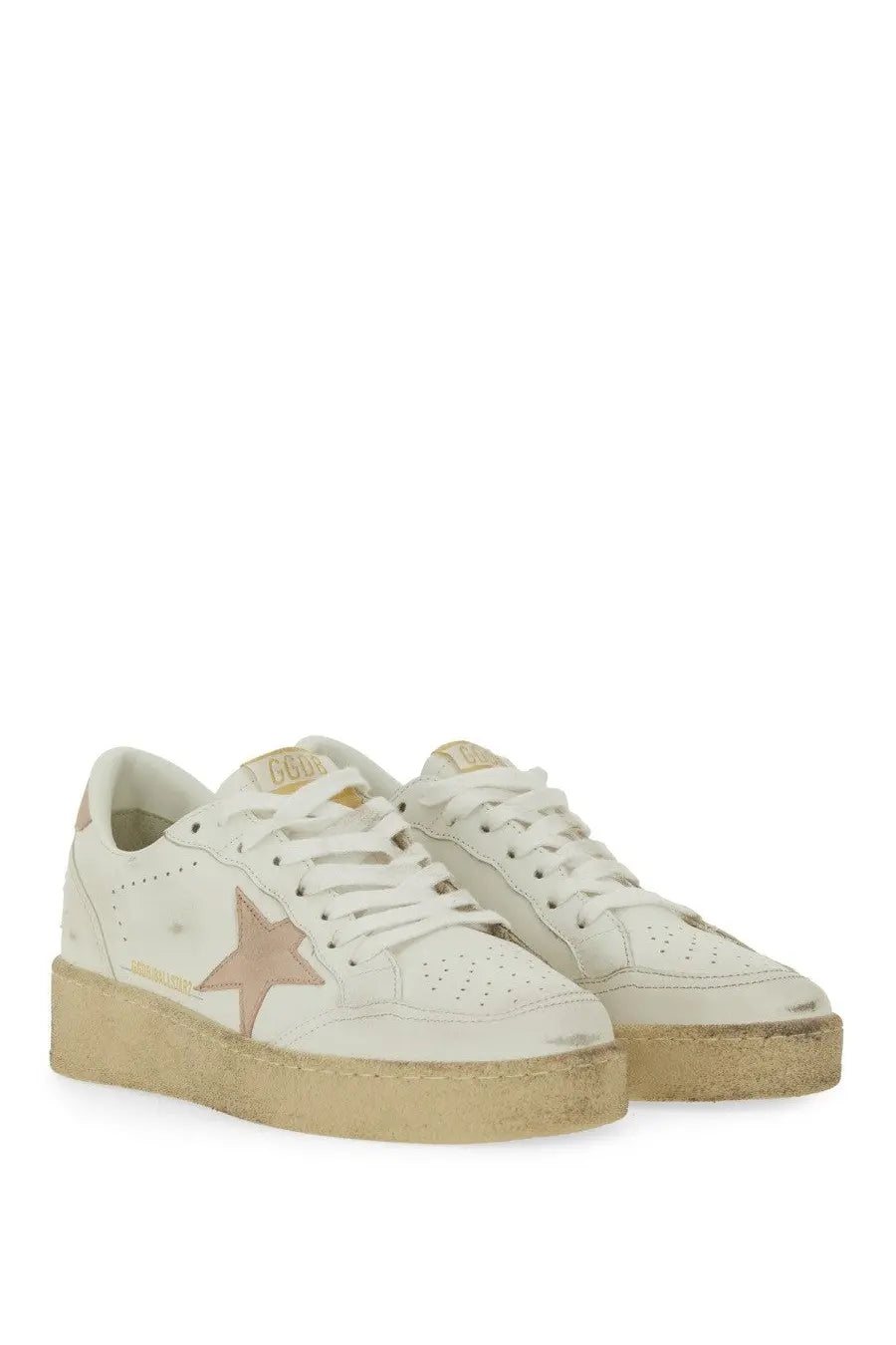 Golden goose women’s ballstar white leather sneakers with gold star and accents on chunky platform sole