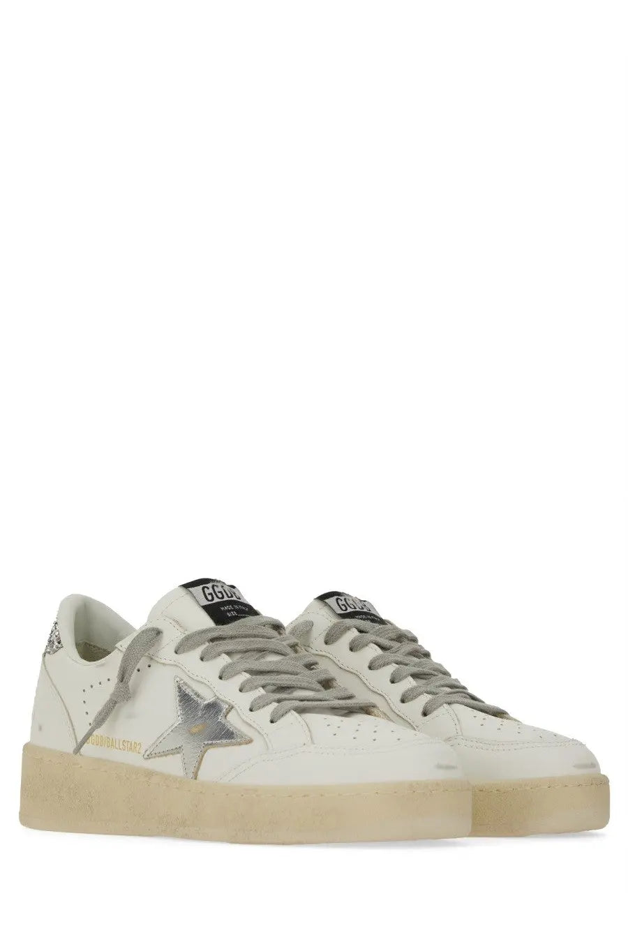 Golden Goose women’s Ballstar white leather sneakers with silver star emblem gray laces and brand logo on the tongue