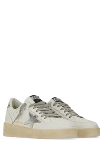 Golden Goose women’s Ballstar white leather sneakers with silver star emblem gray laces and brand logo on the tongue
