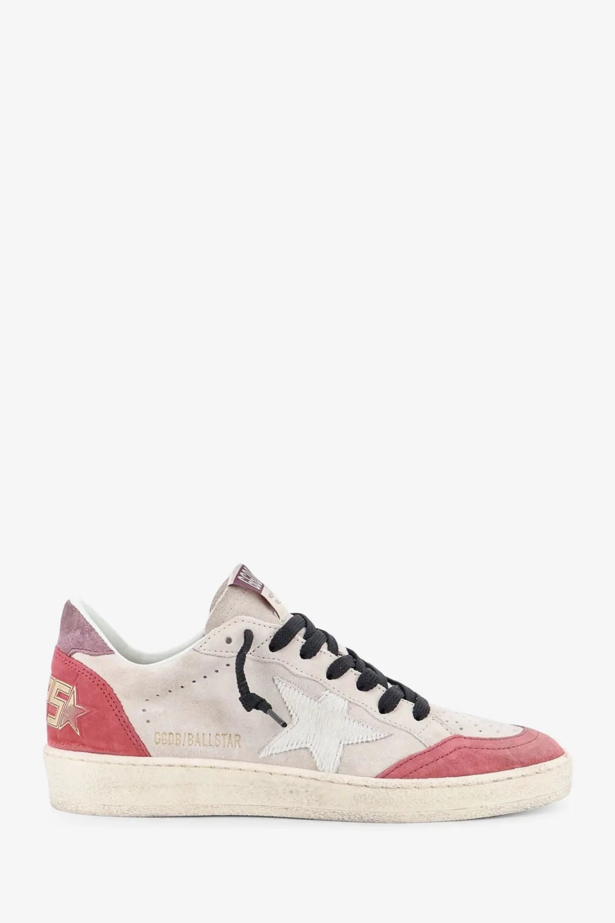 Golden Goose women’s Ballstar suede sneaker in beige distressed pink and off-white with white star and black laces