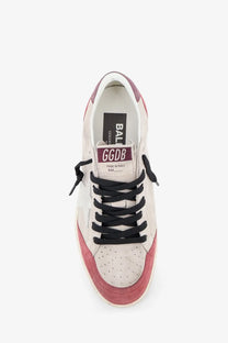 Golden Goose women’s Ballstar suede low-top sneaker in beige with white and dusty rose panels black laces and logo tongue