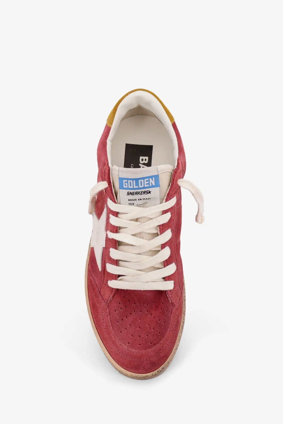 Golden goose women’s ballstar suede sneakers in red with white laces and gold heel tab made of suede